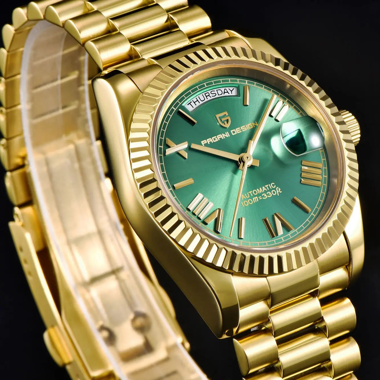 Gold and green men's luxury automatic mechanical watch by Lamp Post with sapphire glass, featuring a sleek, sophisticated design.