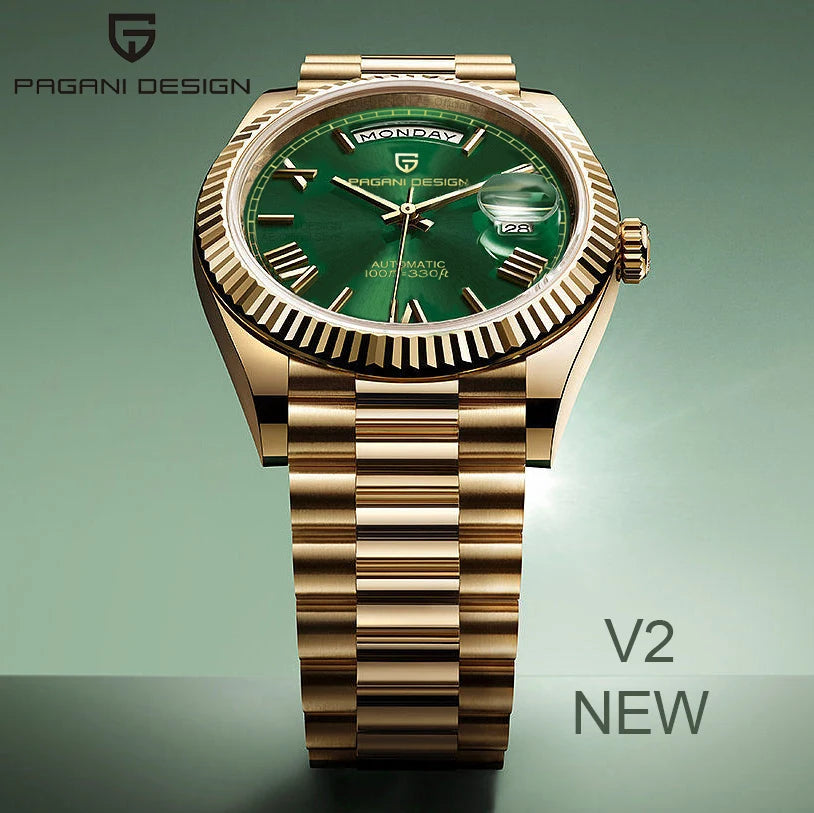 Gold and green luxury automatic mechanical men's watch by Lamp Post with sapphire glass, showcasing a detailed dial and elegant design.
