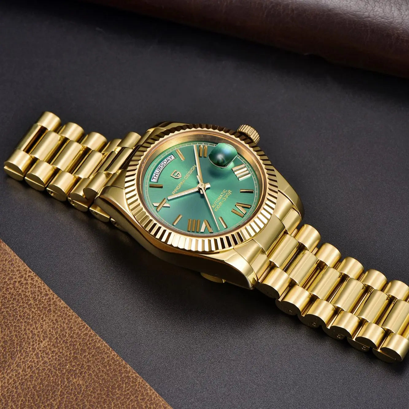 Gold and green men's luxury automatic mechanical watch by Lamp Post featuring sapphire glass and intricate dial details.