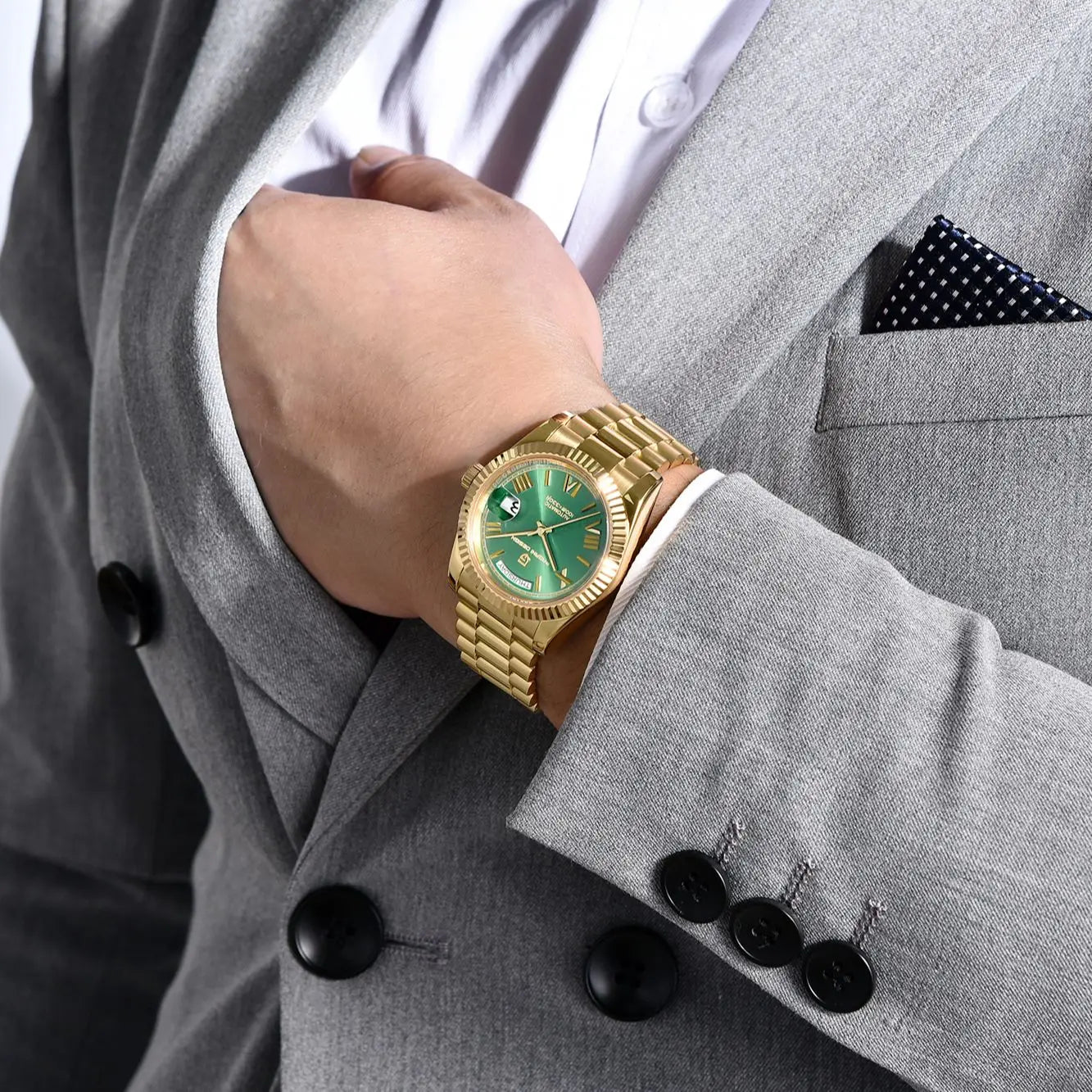 Gold and green luxury automatic mechanical men's watch with sapphire glass, featuring a gold-tone dial and intricate details.