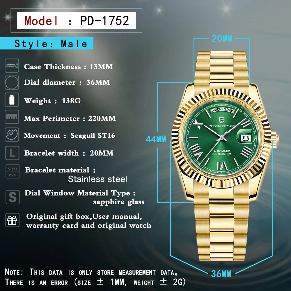 Gold and green luxury men's automatic mechanical watch by Lamp Post with sapphire glass, displayed on a neutral background.
