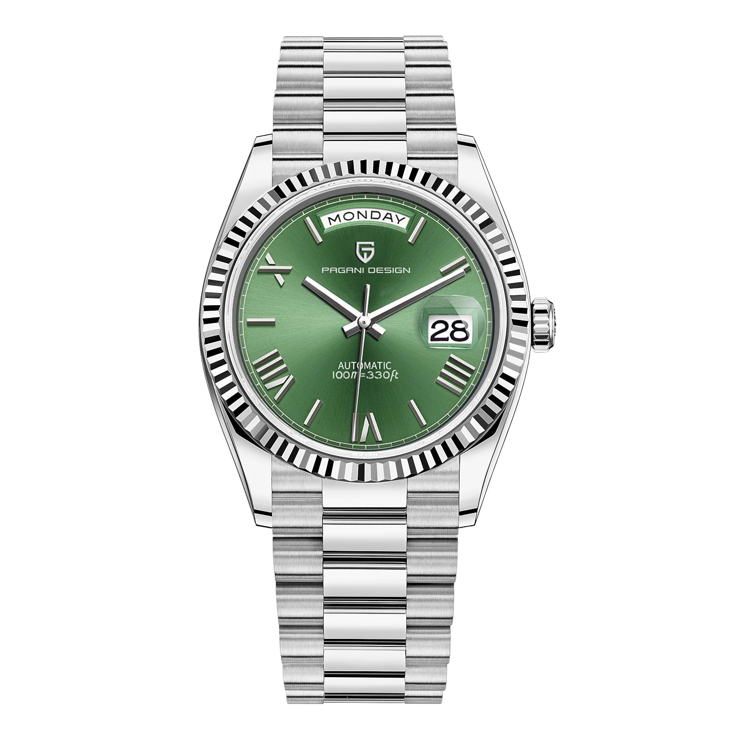 Gold and green luxury automatic mechanical watch for men by Lamp Post, with sapphire glass and intricate dial details.