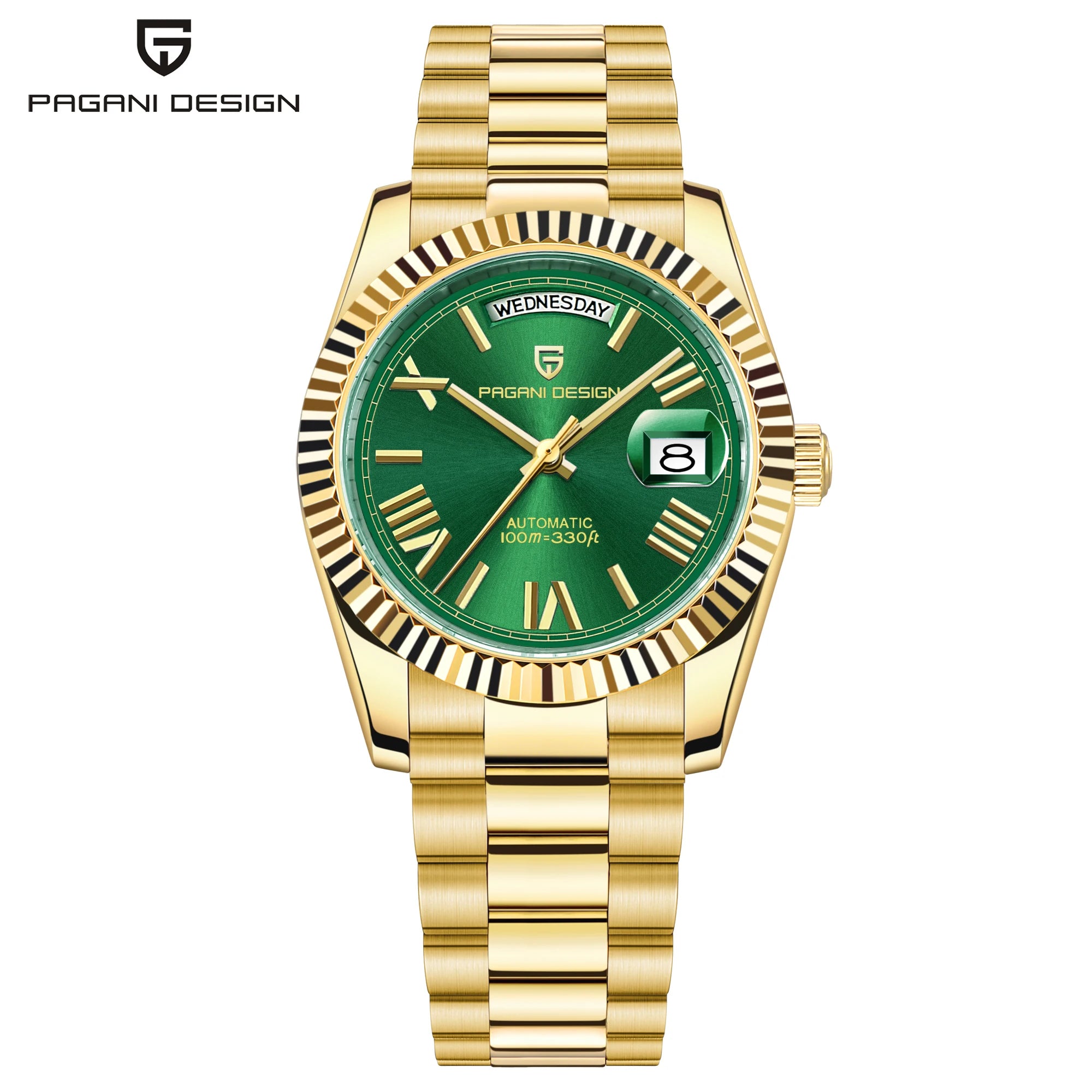 Gold and green luxury men's automatic mechanical watch by Lamp Post with sapphire glass, stylish and elegant timepiece for 2024.