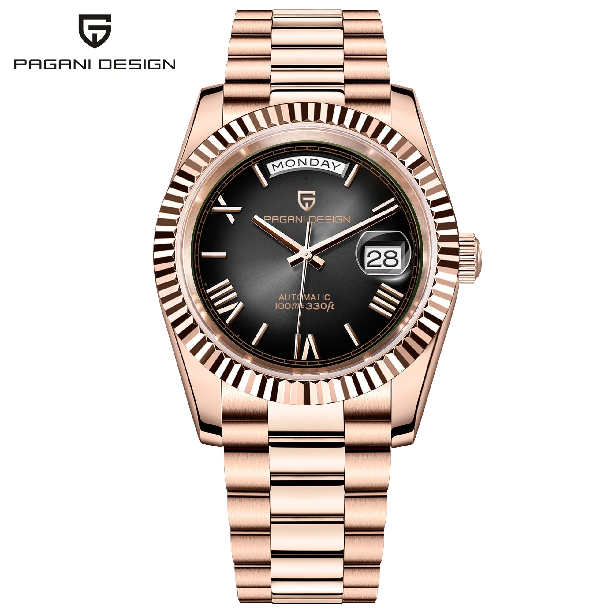 Gold and green luxury automatic mechanical watch for men with sapphire glass, featuring the Lamp Post brand on the dial.