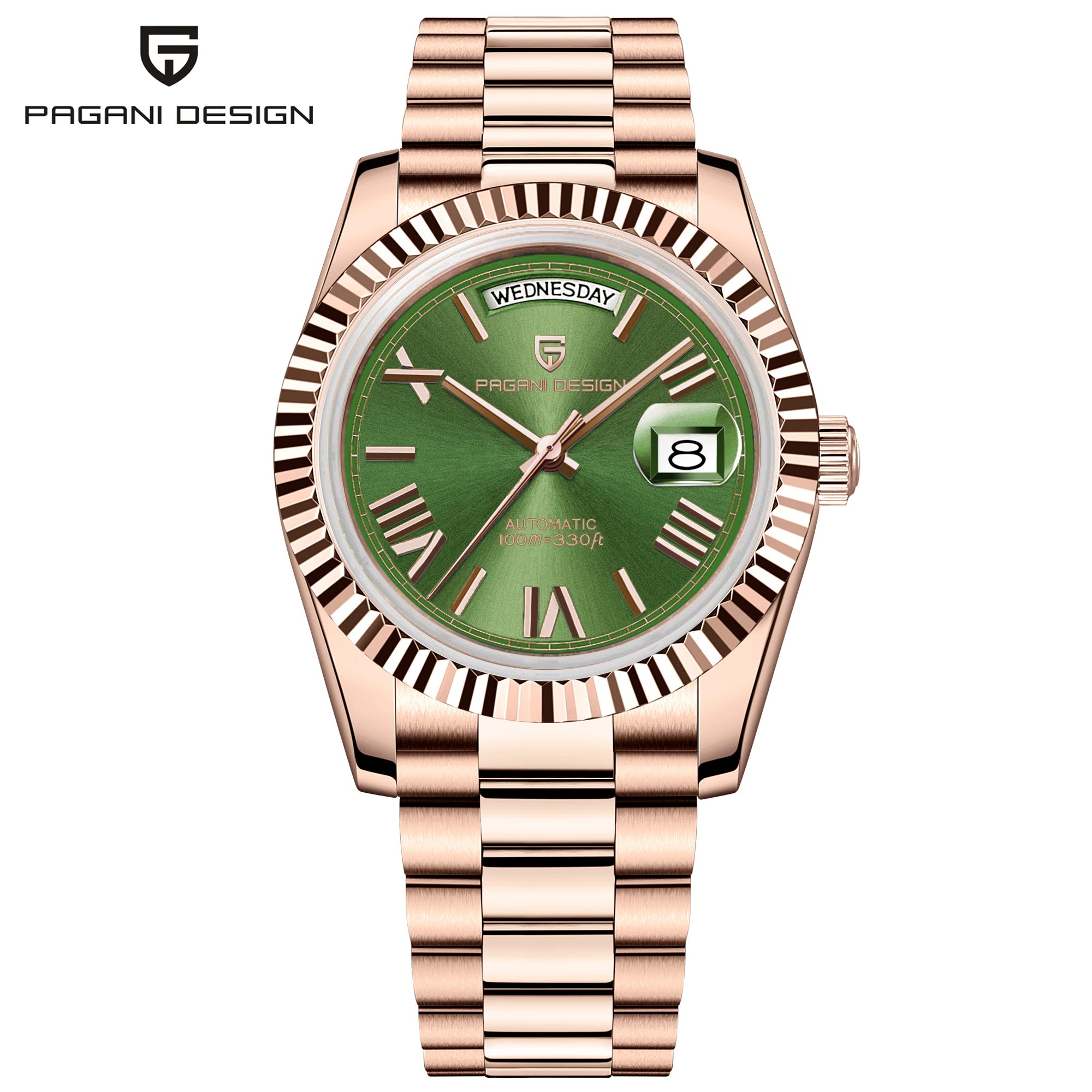 Gold and green luxury automatic men's mechanical watch by Lamp Post with sapphire glass, classic dial, and stainless steel bracelet.