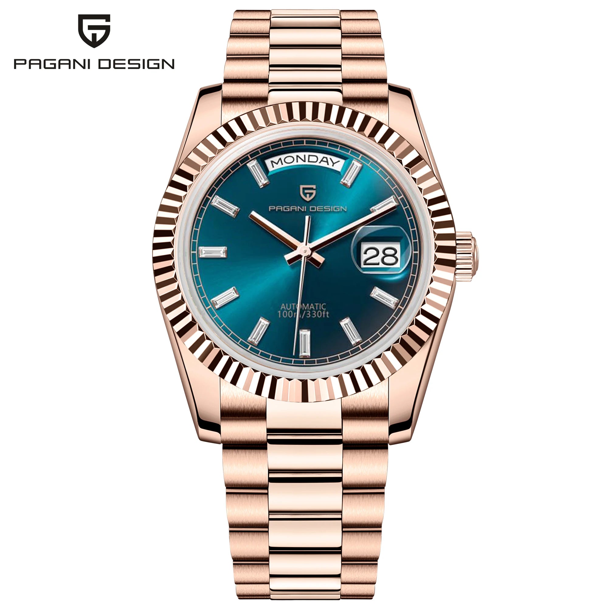 Gold and green men's luxury automatic mechanical watch by Lamp Post with sapphire glass, stylish dial, and sophisticated design.