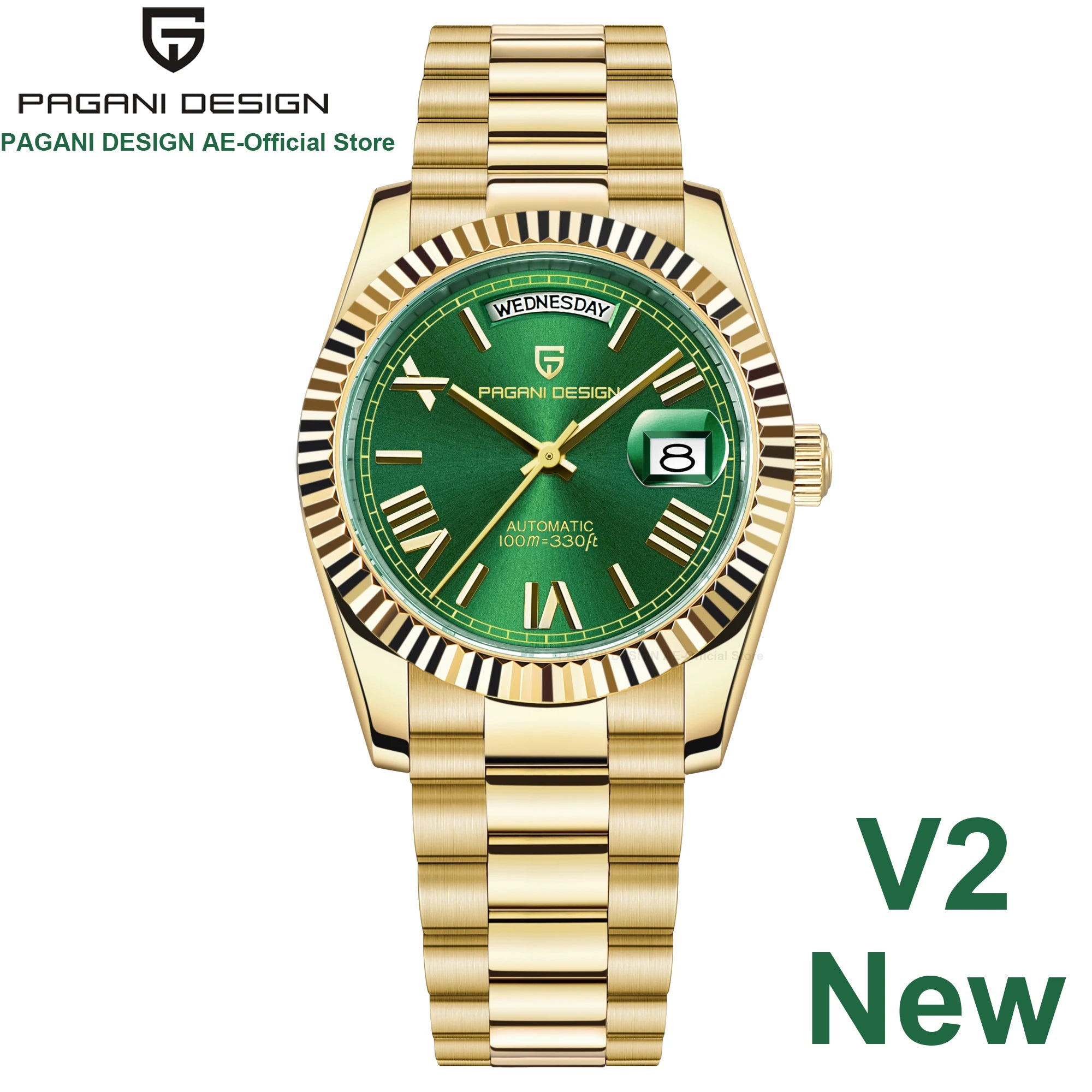 Gold and green luxury automatic mechanical watch for men by Lamp Post, with sapphire glass and intricate dial details.