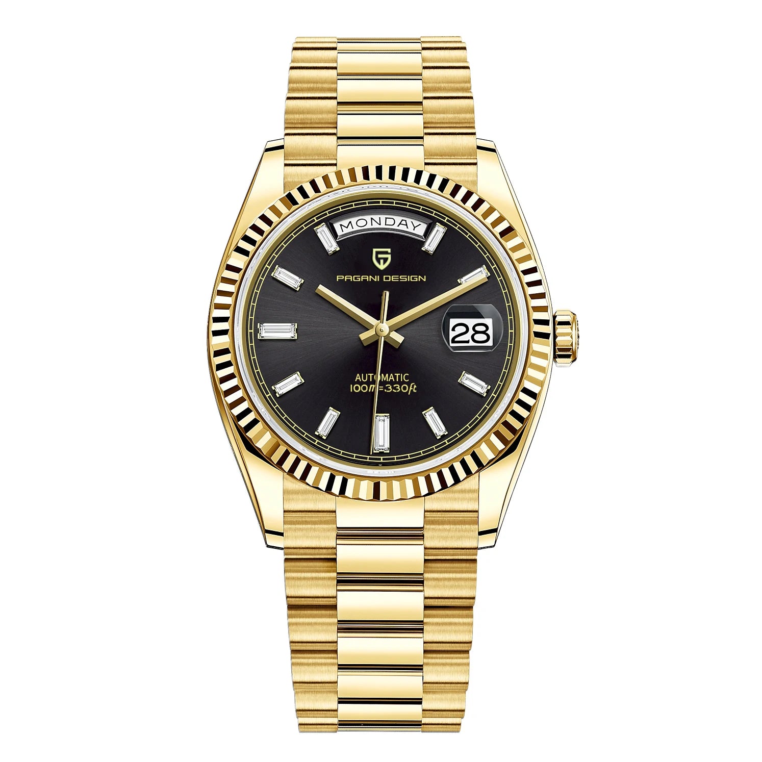 Gold and green men's luxury automatic mechanical watch by Lamp Post with sapphire glass and intricate dial details.