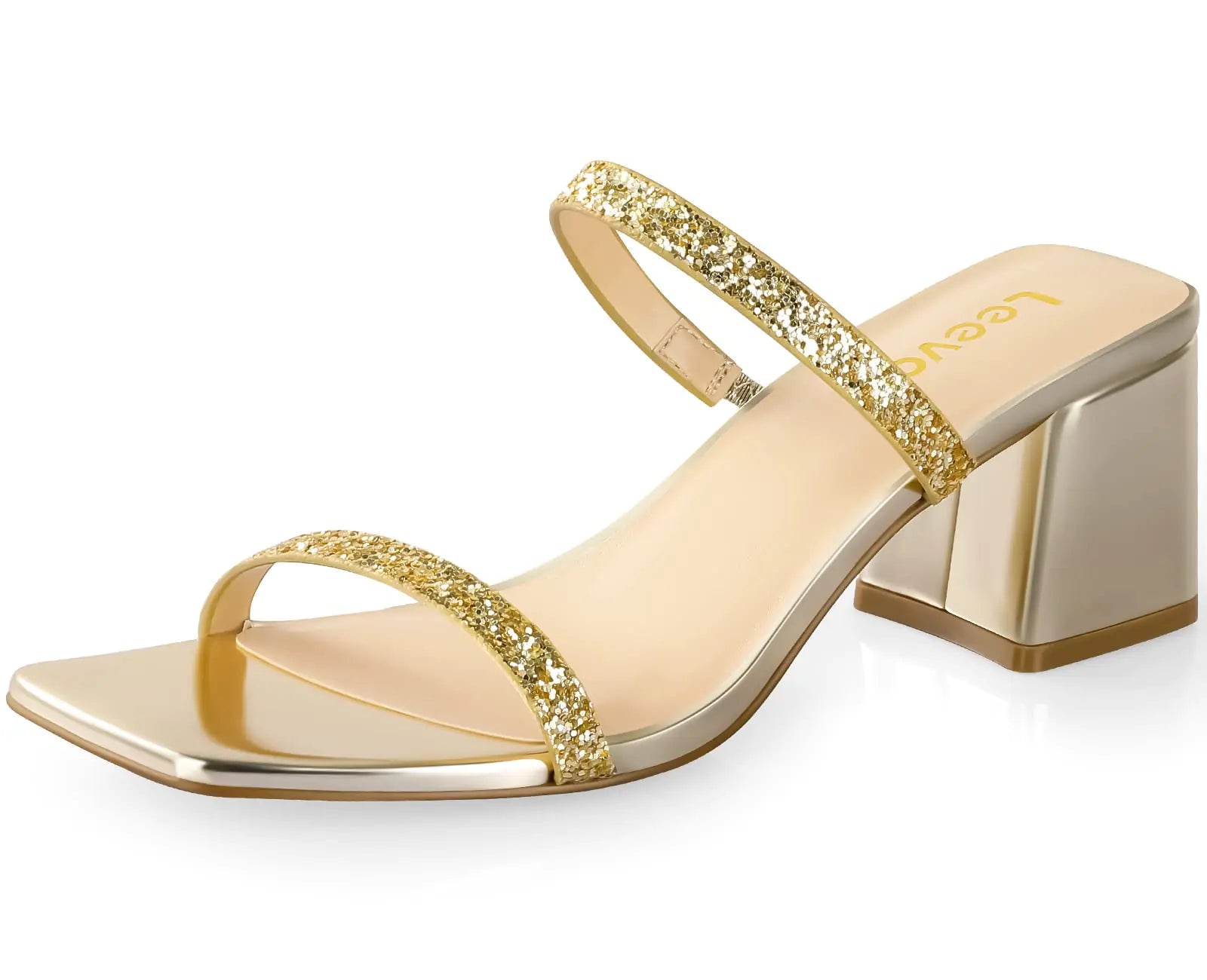 Gold glitter toe heeled sandals for women by Lamp Post, featuring a stylish open toe design and a comfortable heel.