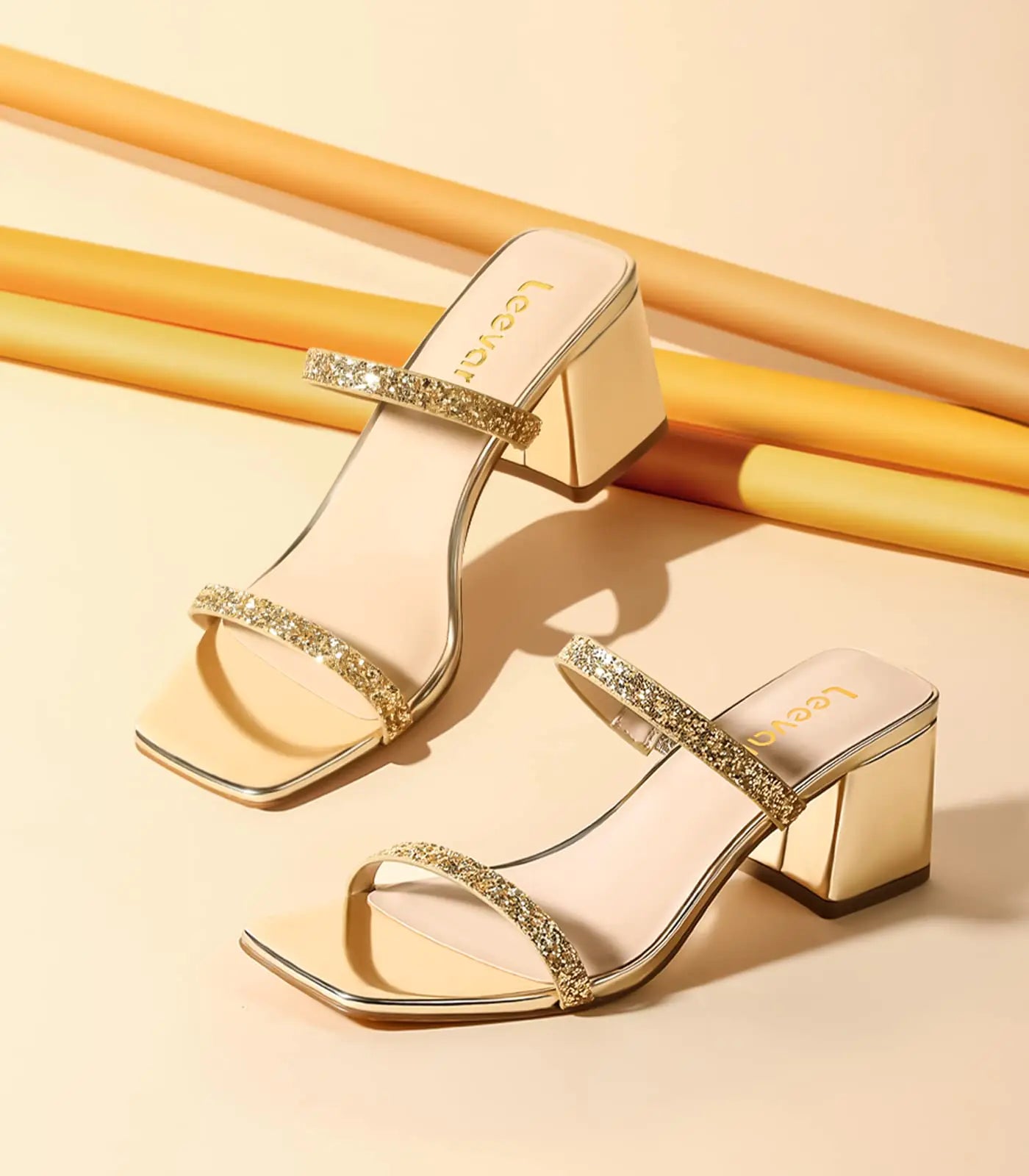 Gold glitter toe heeled sandals for women by Lamp Post, featuring a stylish design and open toe style.