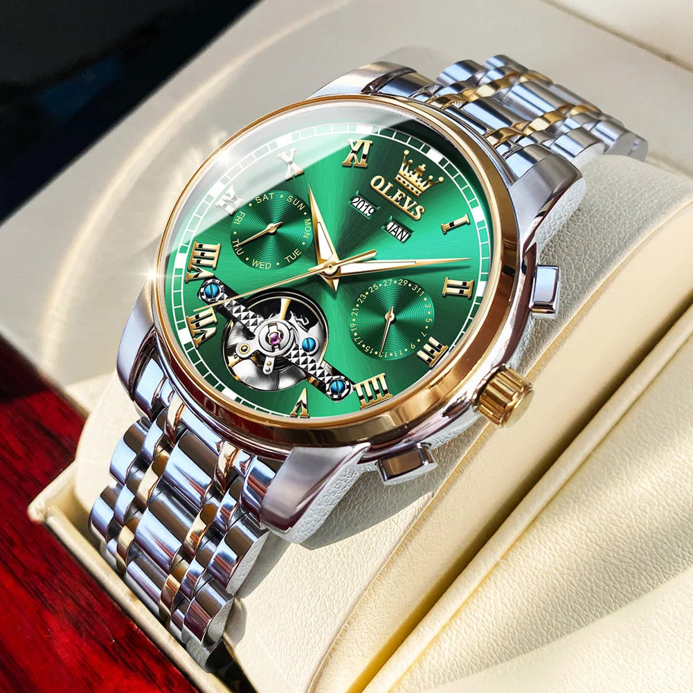 Men’s automatic skeleton mechanical watch by Lamp Post with gold and green face, waterproof stainless steel case, and calendar feature.