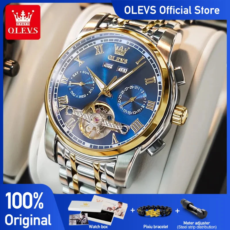 Men’s automatic skeleton mechanical watch by Lamp Post with green face, waterproof stainless steel band, and calendar feature.