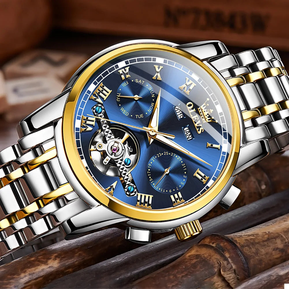 Men’s automatic skeleton mechanical watch by Lamp Post featuring a gold and green face, waterproof stainless steel case, and calendar.