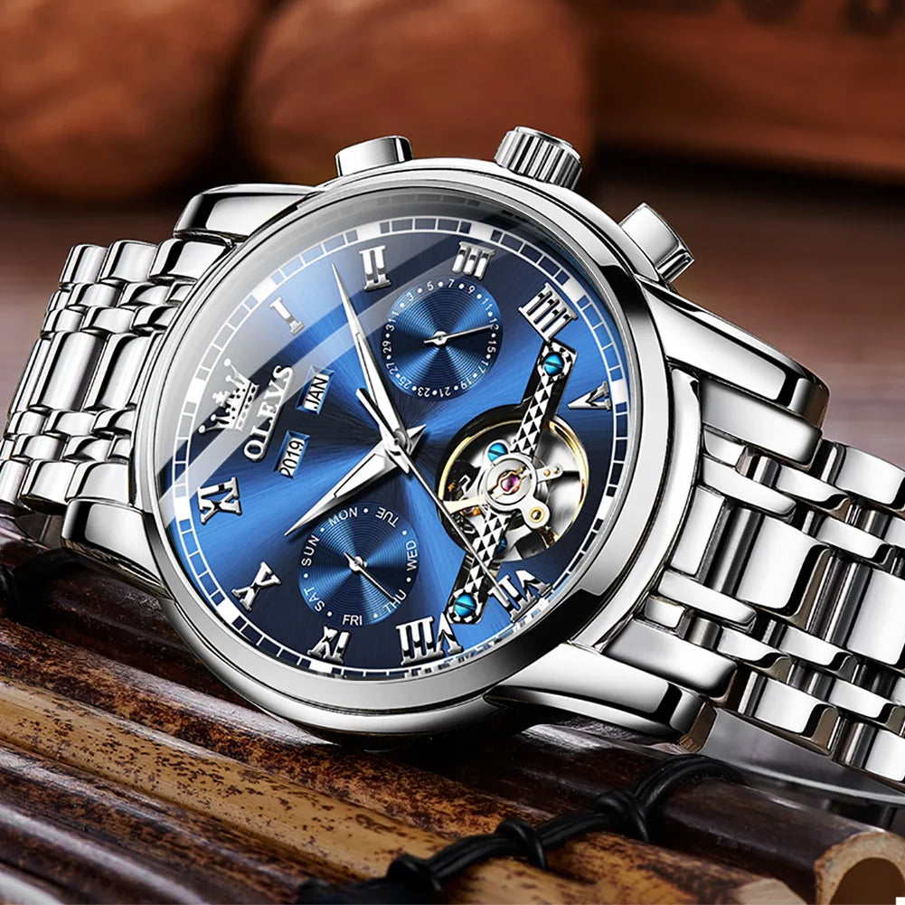 Men’s automatic skeleton mechanical watch by Lamp Post featuring a gold and green face, stainless steel case, waterproof design, and calendar.