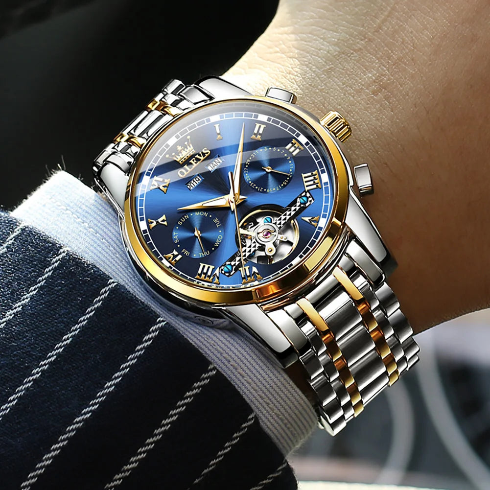 Lamp Post men's automatic skeleton mechanical watch with gold and green face, waterproof stainless steel case, and calendar display.