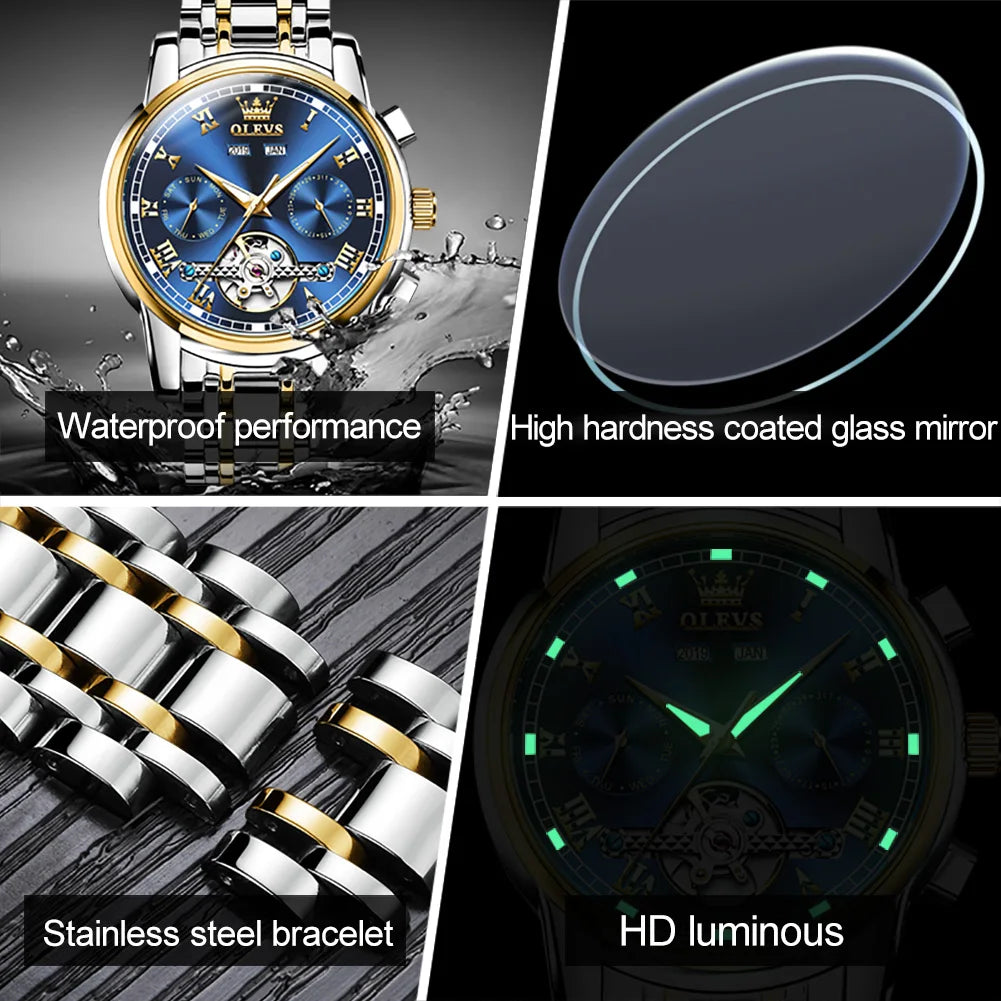 Lamp Post men's automatic skeleton mechanical watch with gold and green face, waterproof stainless steel case, and calendar feature.