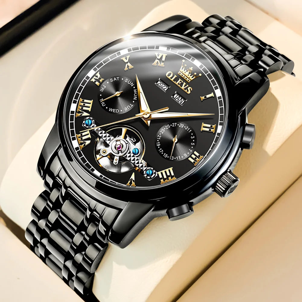 Men’s automatic skeleton mechanical watch by Lamp Post featuring a green face, gold accents, waterproof stainless steel case, and calendar.