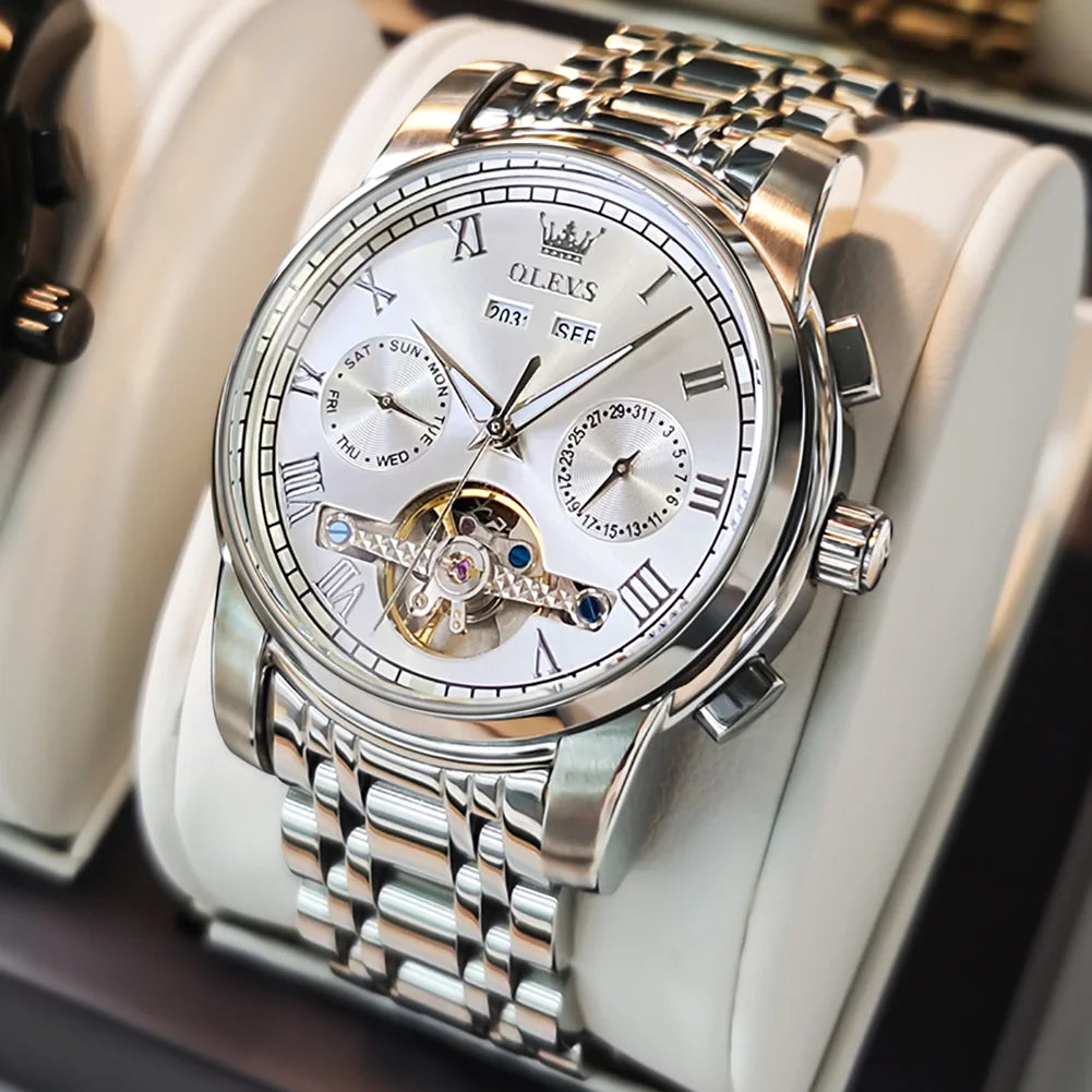 Lamp Post men's automatic skeleton mechanical watch with gold and green face, waterproof stainless steel case, and calendar feature.
