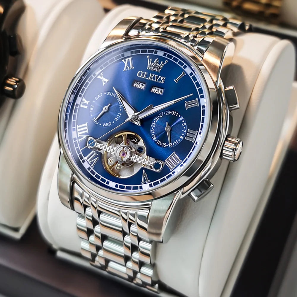 Lamp Post men's automatic skeleton mechanical watch with gold and green face, waterproof stainless steel case, and calendar feature.