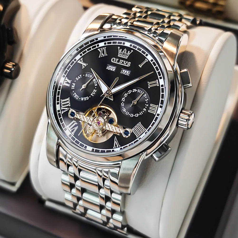 Men’s gold and green face skeleton mechanical watch by Lamp Post, waterproof stainless steel wristwatch with calendar feature.
