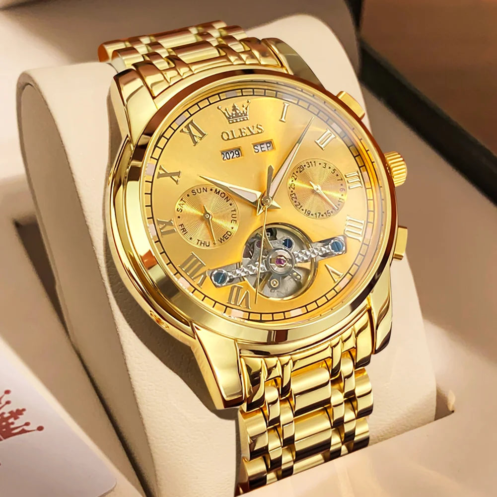 Gold and green face men's automatic skeleton mechanical watch by Lamp Post with stainless steel waterproof case and calendar feature.