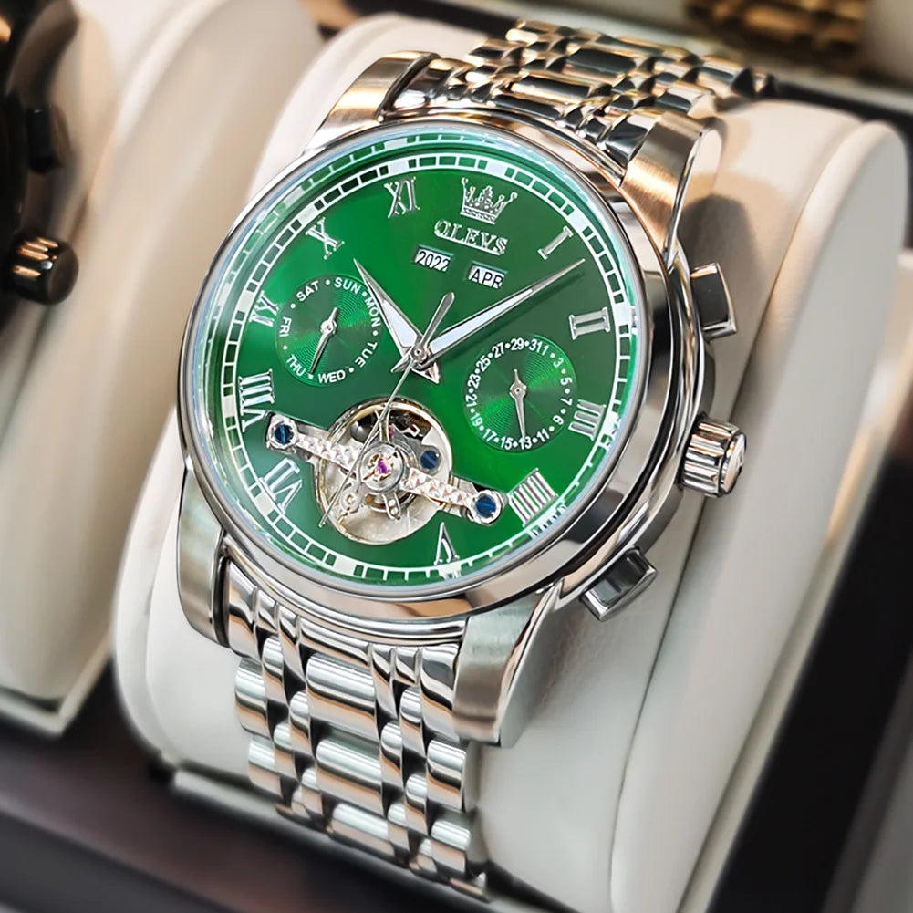 Men’s automatic skeleton mechanical watch by Lamp Post with gold-green face, stainless steel case, waterproof design, and calendar feature.