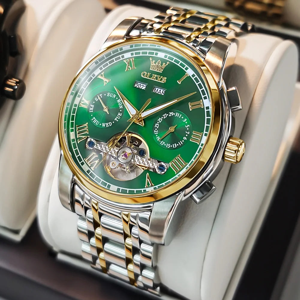 Men’s automatic skeleton mechanical watch by Lamp Post with gold and green face, waterproof stainless steel case, and calendar feature.