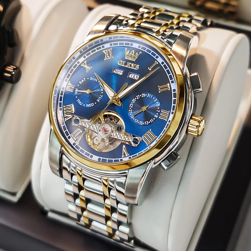 Men’s gold and green face Skeleton mechanical watch by Lamp Post, waterproof stainless steel case, with calendar display.