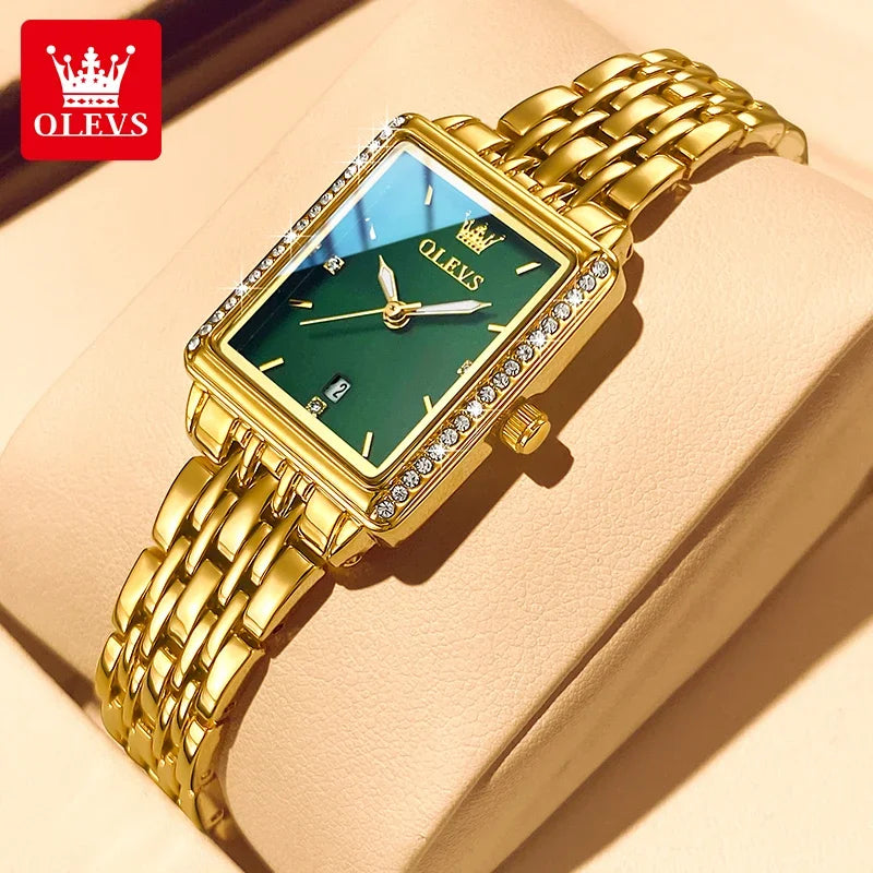 Elegant gold and silver OLEVS 9995 women's quartz wristwatch with luminous dial, date display, waterproof design, and luxury style.