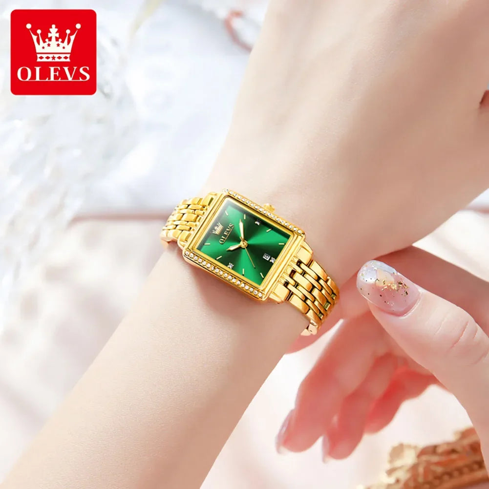 OLEVS 9995 elegant quartz ladies wristwatch with gold and silver finish, luminous dial, waterproof design, and date display.
