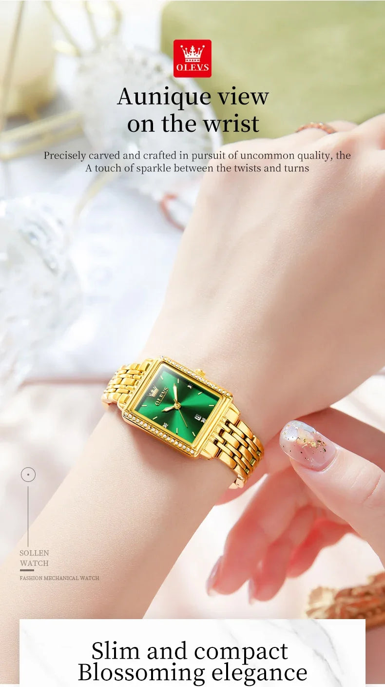 Elegant gold and silver OLEVS 9995 women's quartz wristwatch with luminous dial, date display, waterproof design, and stylish appearance.