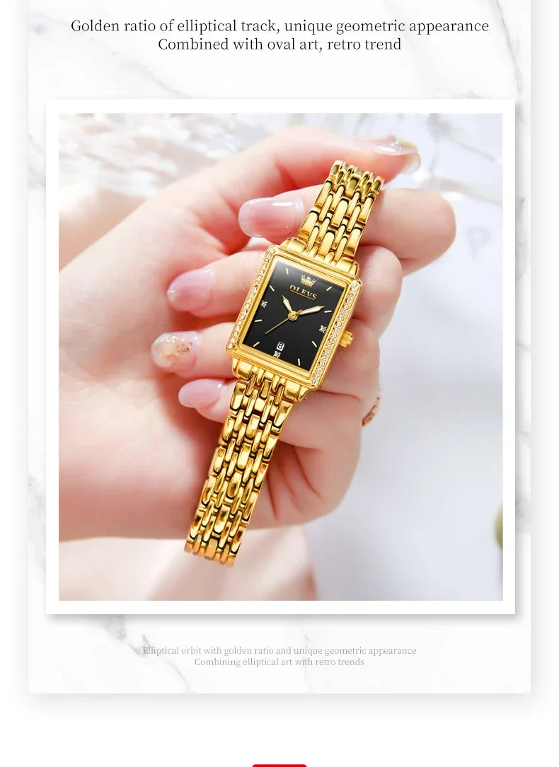 OLEVS 9995 elegant quartz ladies wristwatch with gold and silver finish, luminous dial, waterproof design, and date display.