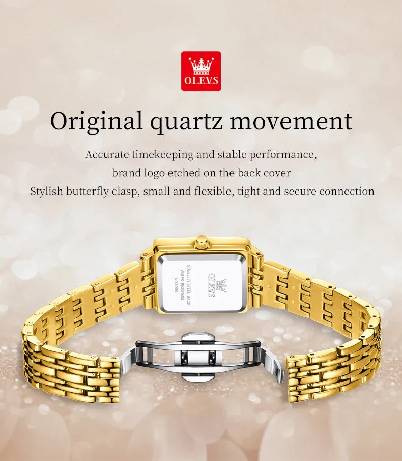 OLEVS 9995 elegant gold and silver quartz ladies wristwatch with luminous dial and date display, waterproof design.