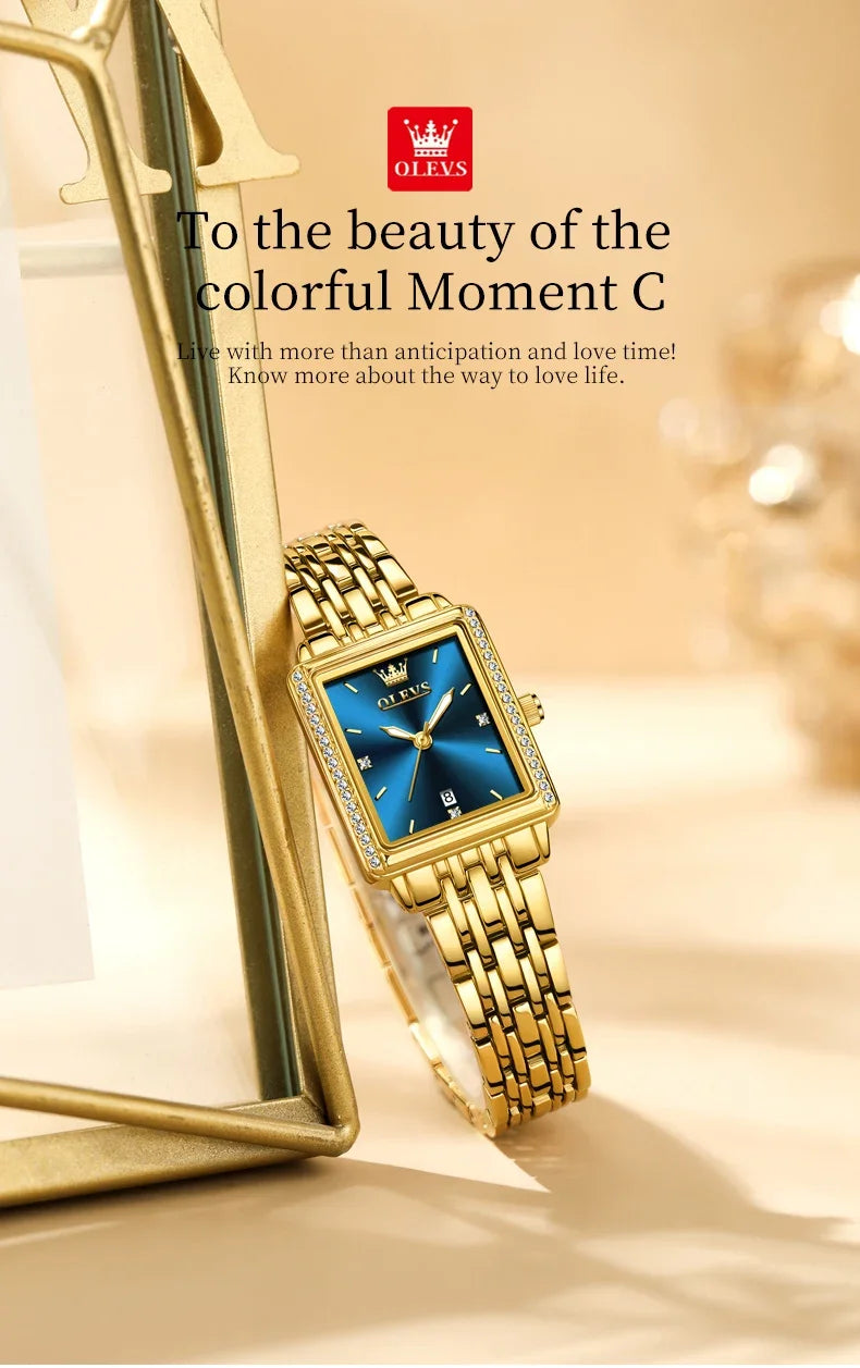 Elegant gold and silver OLEVS 9995 ladies' quartz wristwatch with luminous dial, date display, waterproof design, and luxury style.