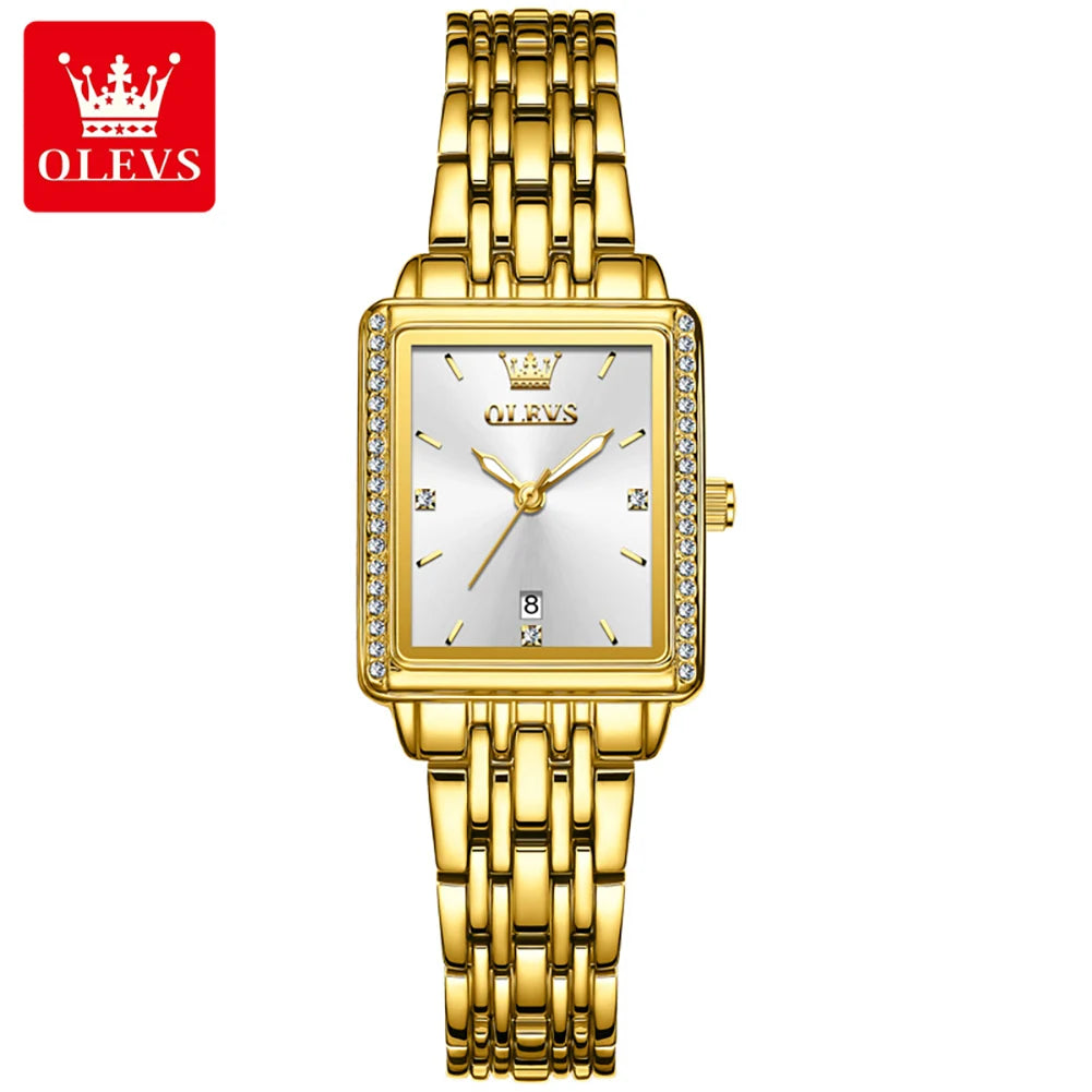 Elegant gold and silver OLEVS 9995 quartz ladies wristwatch with luminous dial, date display, waterproof design for women.