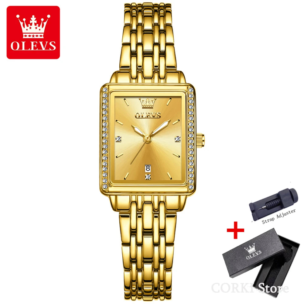 OLEVS 9995 elegant gold and silver quartz ladies wristwatch with luminous dial, date display, waterproof design, luxury style.