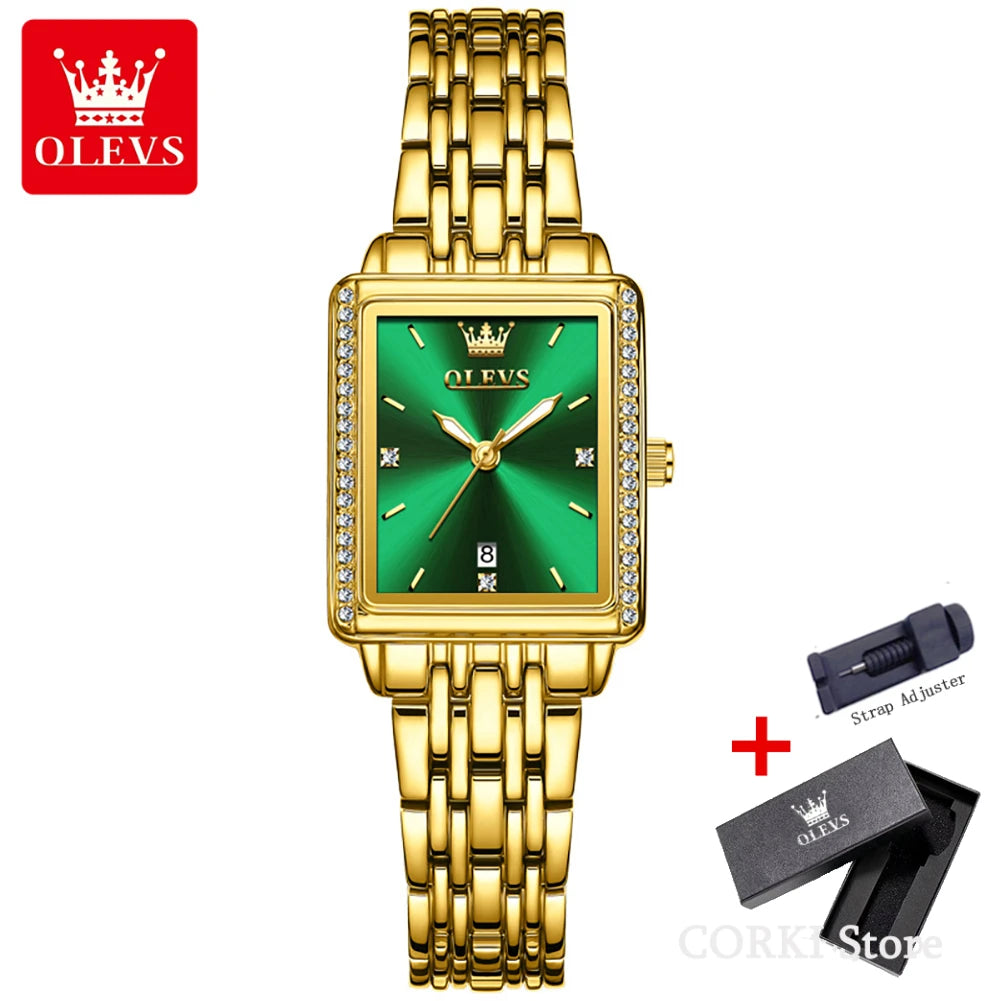 OLEVS 9995 elegant women's quartz wristwatch with gold and silver tones, luminous dial, date display, and waterproof design.