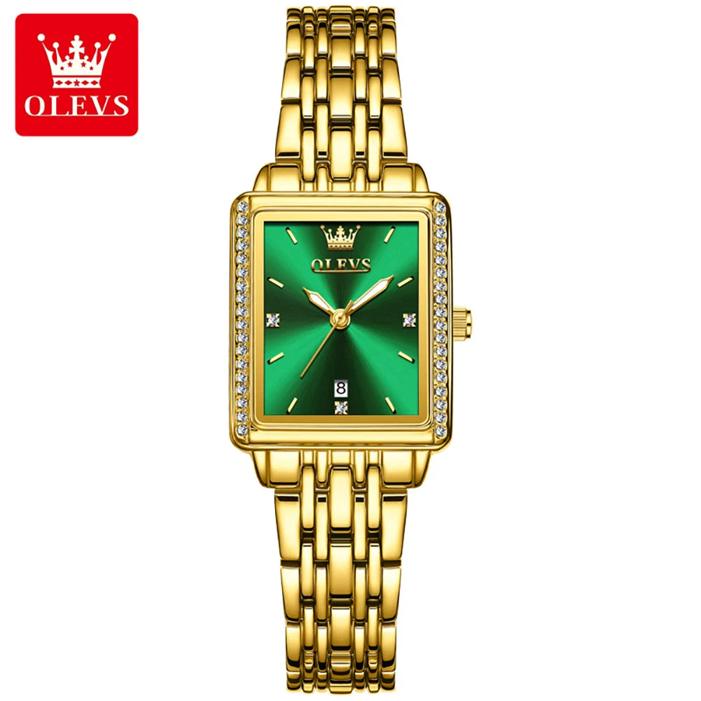 Lamp Post OLEVS 9995 elegant women's quartz wristwatch with gold and silver tones, luminous dial, date display, waterproof design.