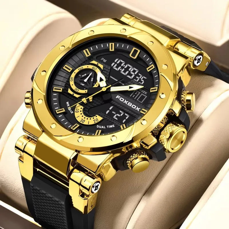 Men’s waterproof digital sports watch by Lamp Post with shock resistance, LED alarm, chronograph, and analog-digital display.