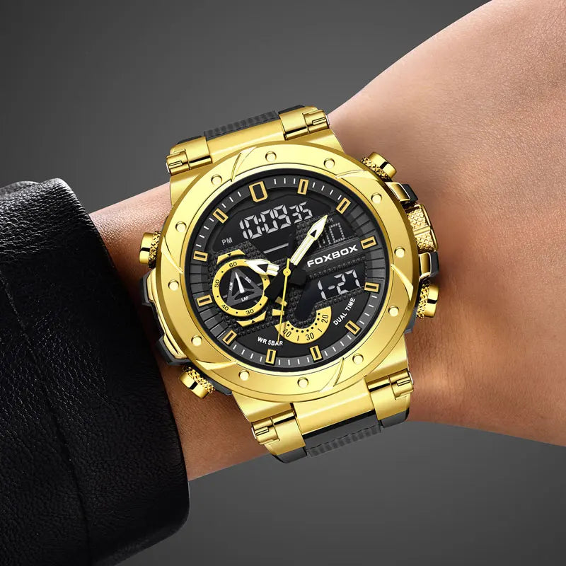 Gold men's waterproof digital sports watch by Lamp Post with shock resistance, LED alarm, chronograph, and analog-digital display.