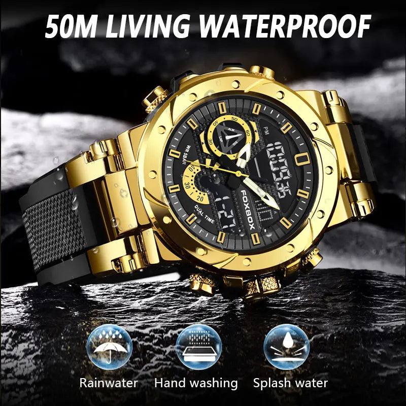 Men’s waterproof digital sports watch by Lamp Post with shock resistance, LED alarm, chronograph, and analog-digital display in gift box