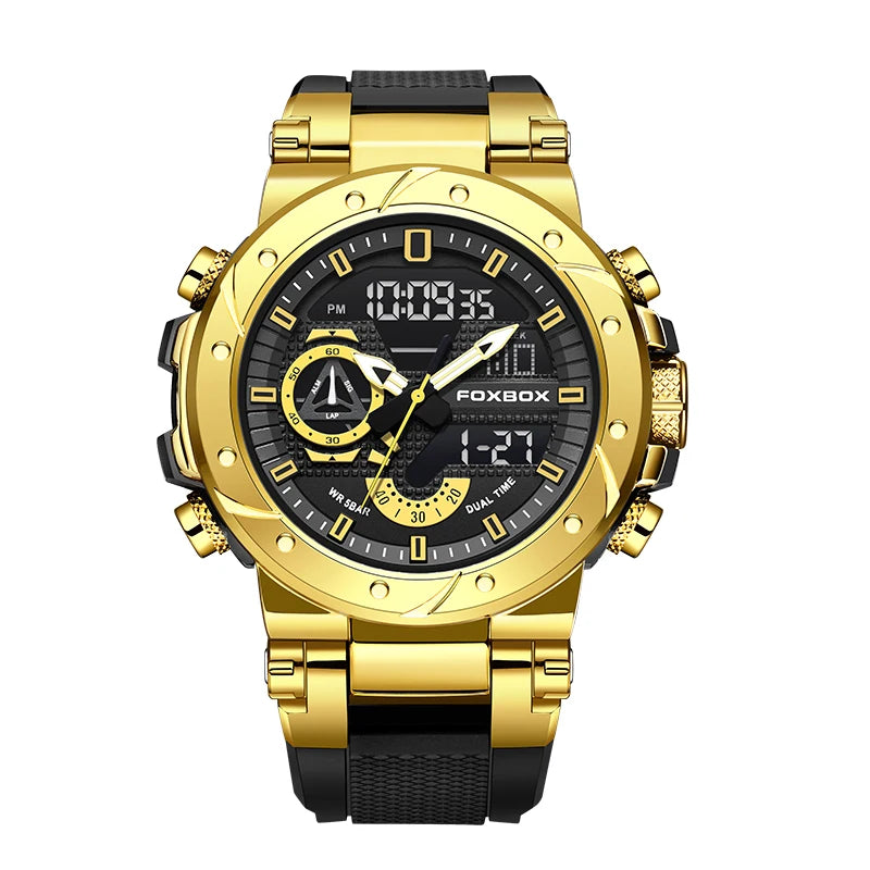 Men’s waterproof digital sports watch by Lamp Post with shock resistance, LED alarm, chronograph, and analog-digital display.