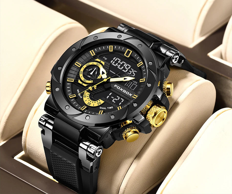 Men’s waterproof digital sports watch by Lamp Post with shock resistance, LED alarm, chronograph, and analog-digital display in a gift box.