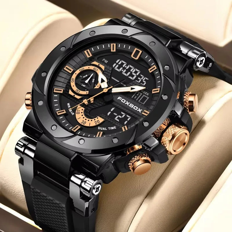Gold men's waterproof digital sports watch by Lamp Post with shock resistance, LED alarm, chronograph, and analog-digital quartz display.