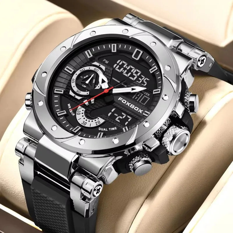 Lamp Post men's waterproof digital sports watch with LED alarm, shock resistance, 50M water resistance, and analog-digital display in gift box.
