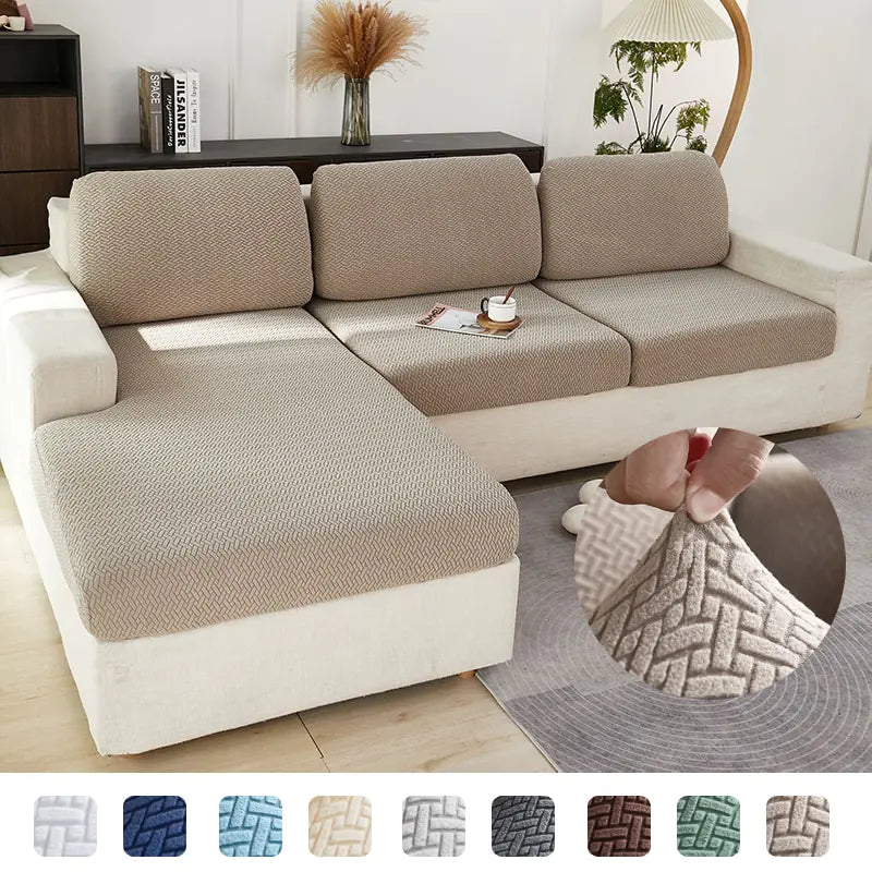 Green universal sofa cover by Lamp Post with back cushions, designed to protect and refresh your sofa's appearance.