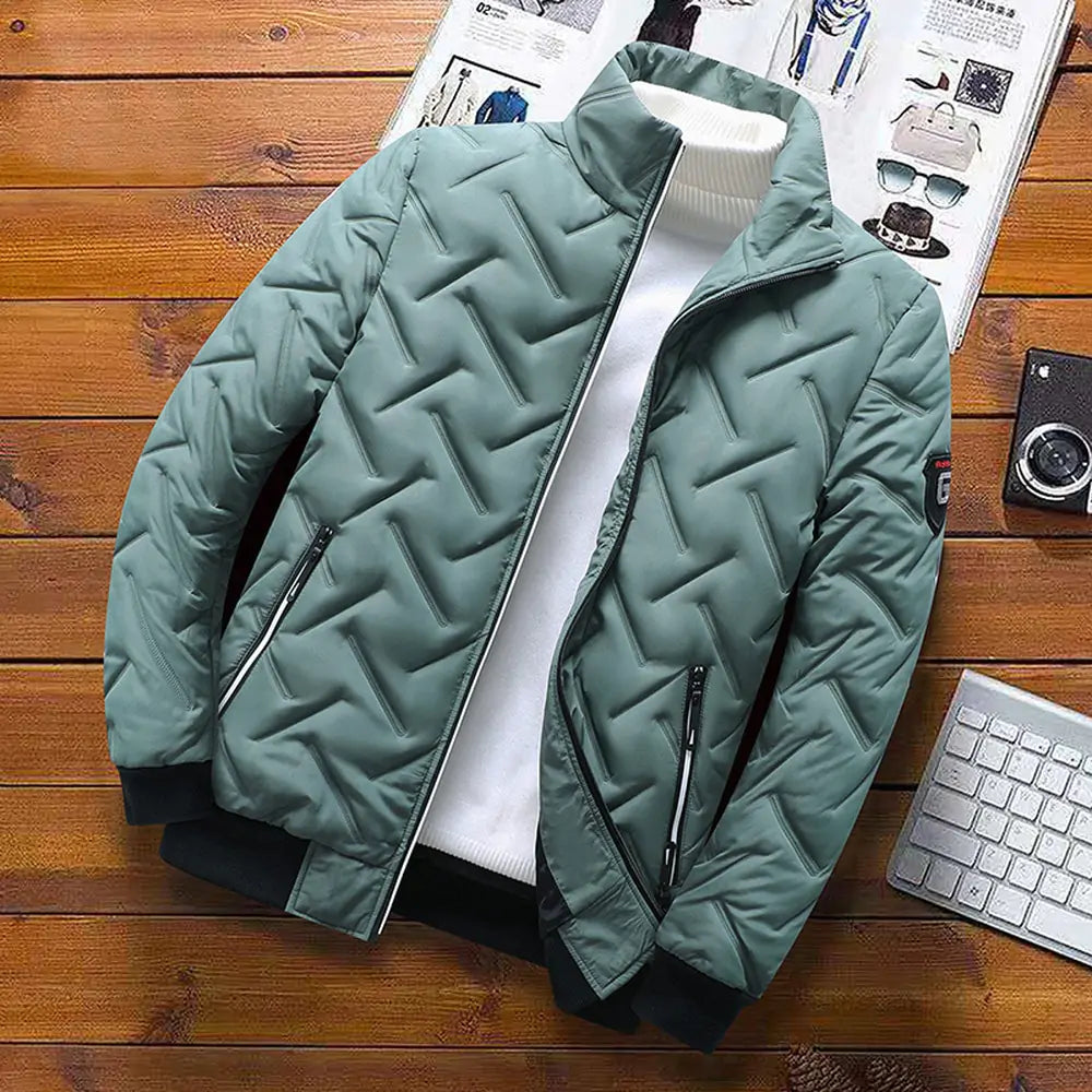 Men's green Lamp Post cotton padded jacket with a high collar and front zipper, designed for warmth and casual style.