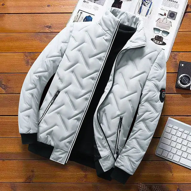 Green men's cotton padded jacket by Lamp Post, featuring a cozy design with a front zipper and stand-up collar.