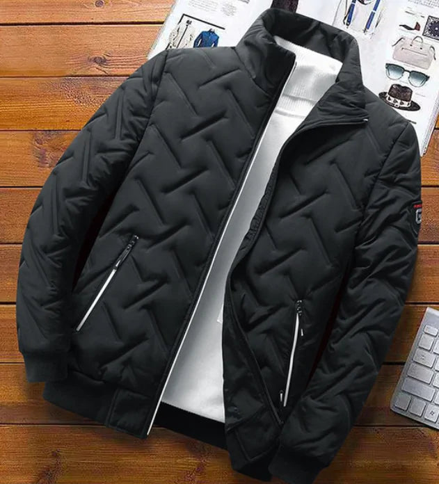 Men's green cotton padded jacket by Lamp Post, shown on a hanger, with quilted design and stand collar for warmth and comfort.