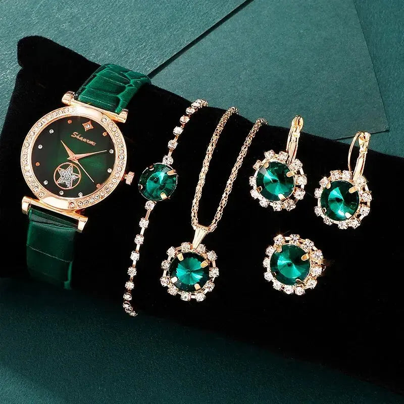 Green luxury quartz watch set for women by Lamp Post, featuring a stylish watch with matching accessories.